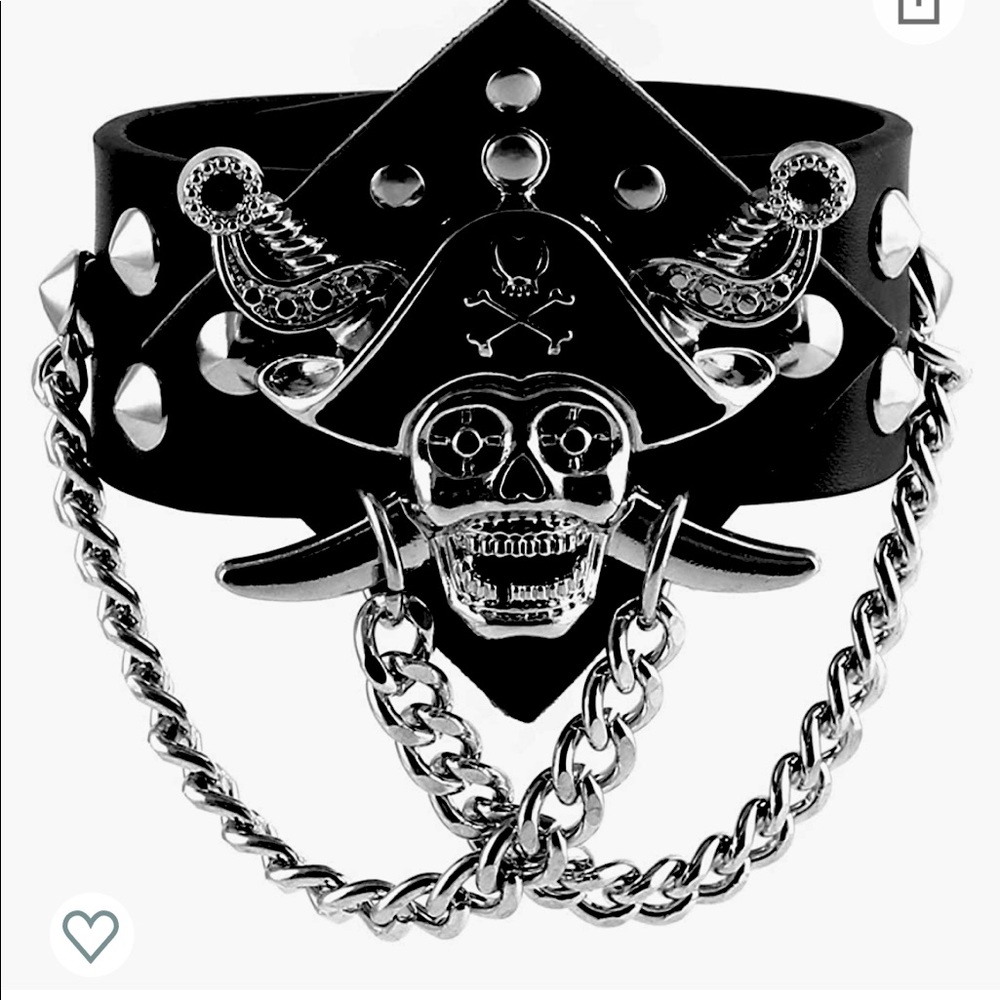 Gothic black leather pirate cuff bracelet set of 2, skulls and spikes